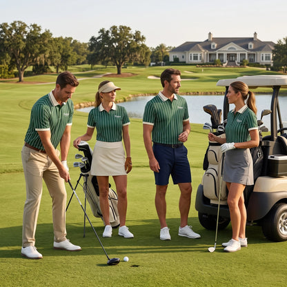 Custom golf polo shirt in green pinstripe worn on a country club course