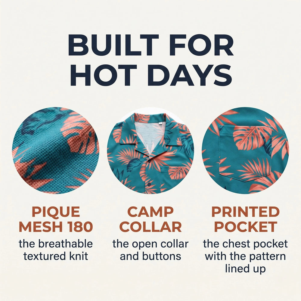 Details of a custom Hawaiian camp shirt: fabric, camp collar, pocket and print