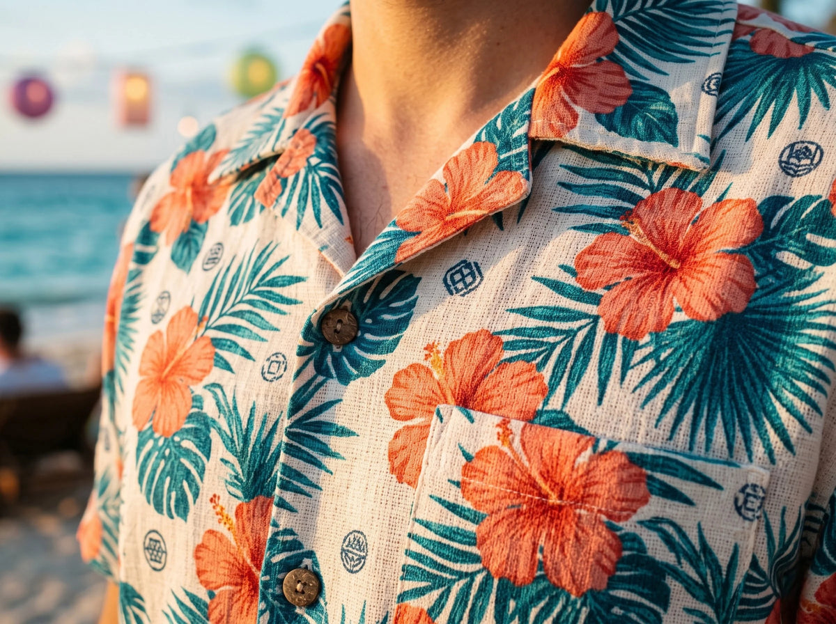 Close-up of a custom printed Hawaiian shirt with a tropical pattern and chest pocket