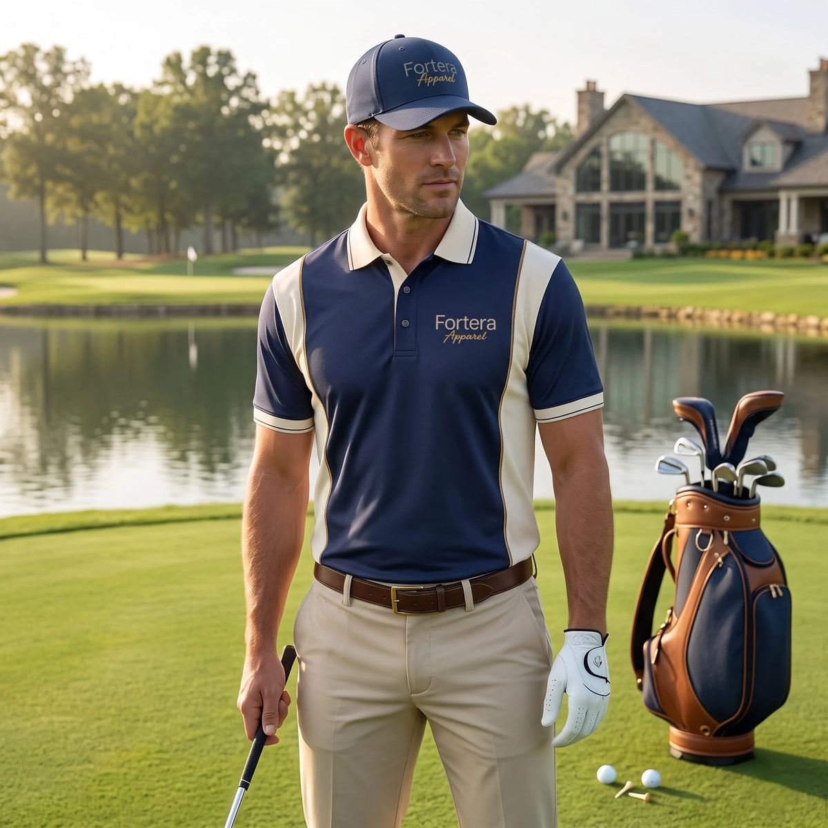 Custom performance polo shirt in a navy color block moisture wicking design