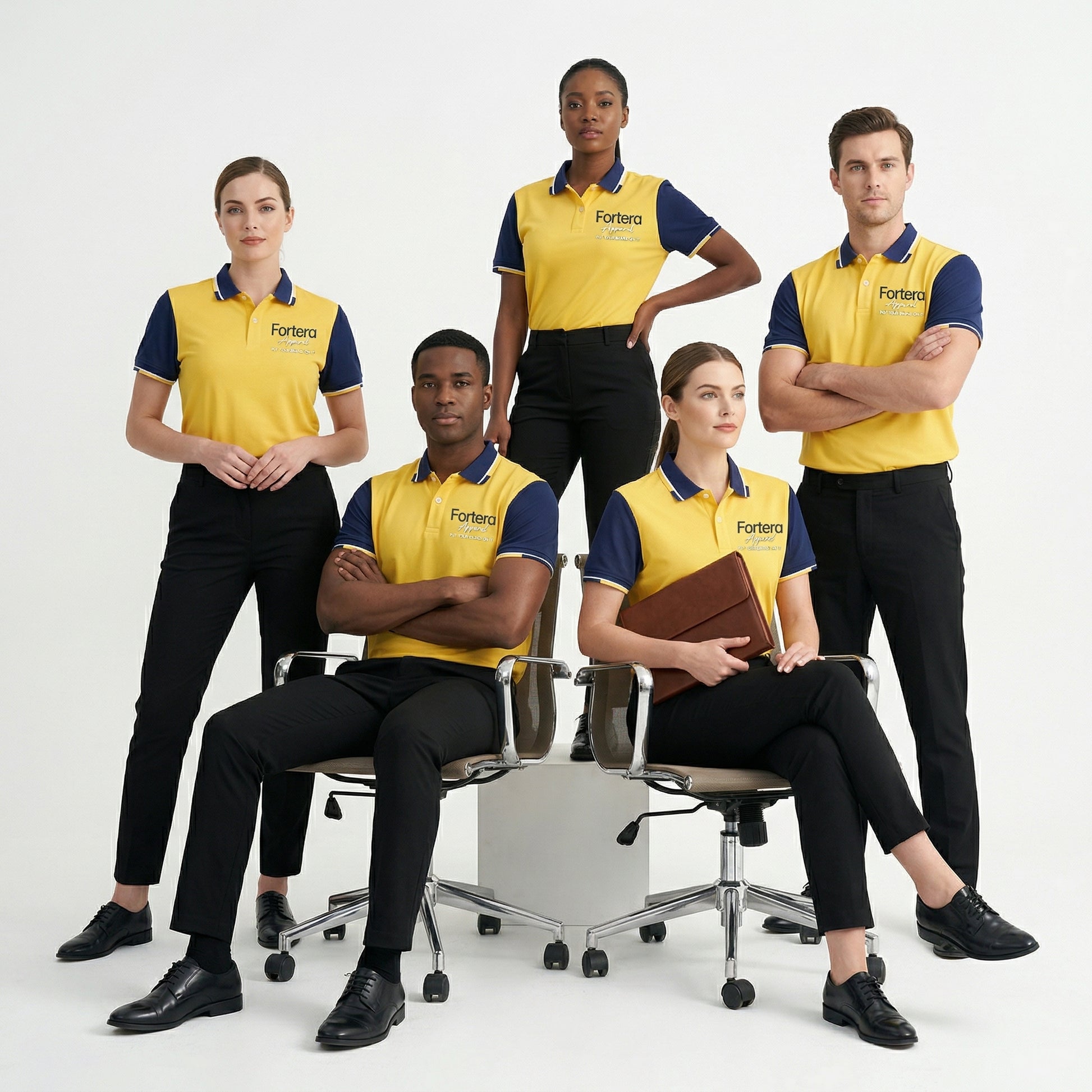 Yellow custom business polo shirt with navy shoulder panel and embroidered logo