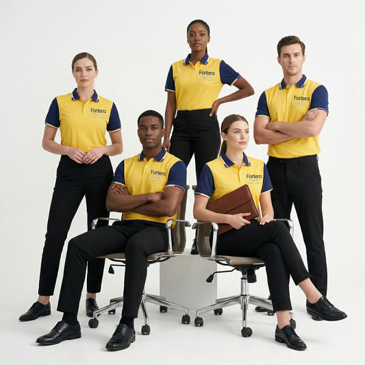 Yellow custom business polo shirt with navy shoulder panel and embroidered logo