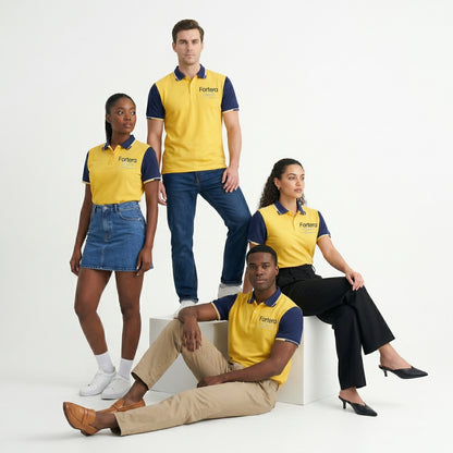 Yellow custom business polo shirt with navy shoulder panel and embroidered logo - back view