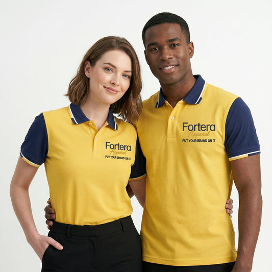 Yellow custom business polo shirt with navy shoulder panel and embroidered logo - side view