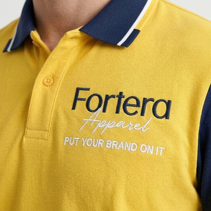 Yellow custom business polo shirt with navy shoulder panel and embroidered logo - male fit