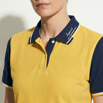 Yellow custom business polo shirt with navy shoulder panel and embroidered logo - logo embroidery detail