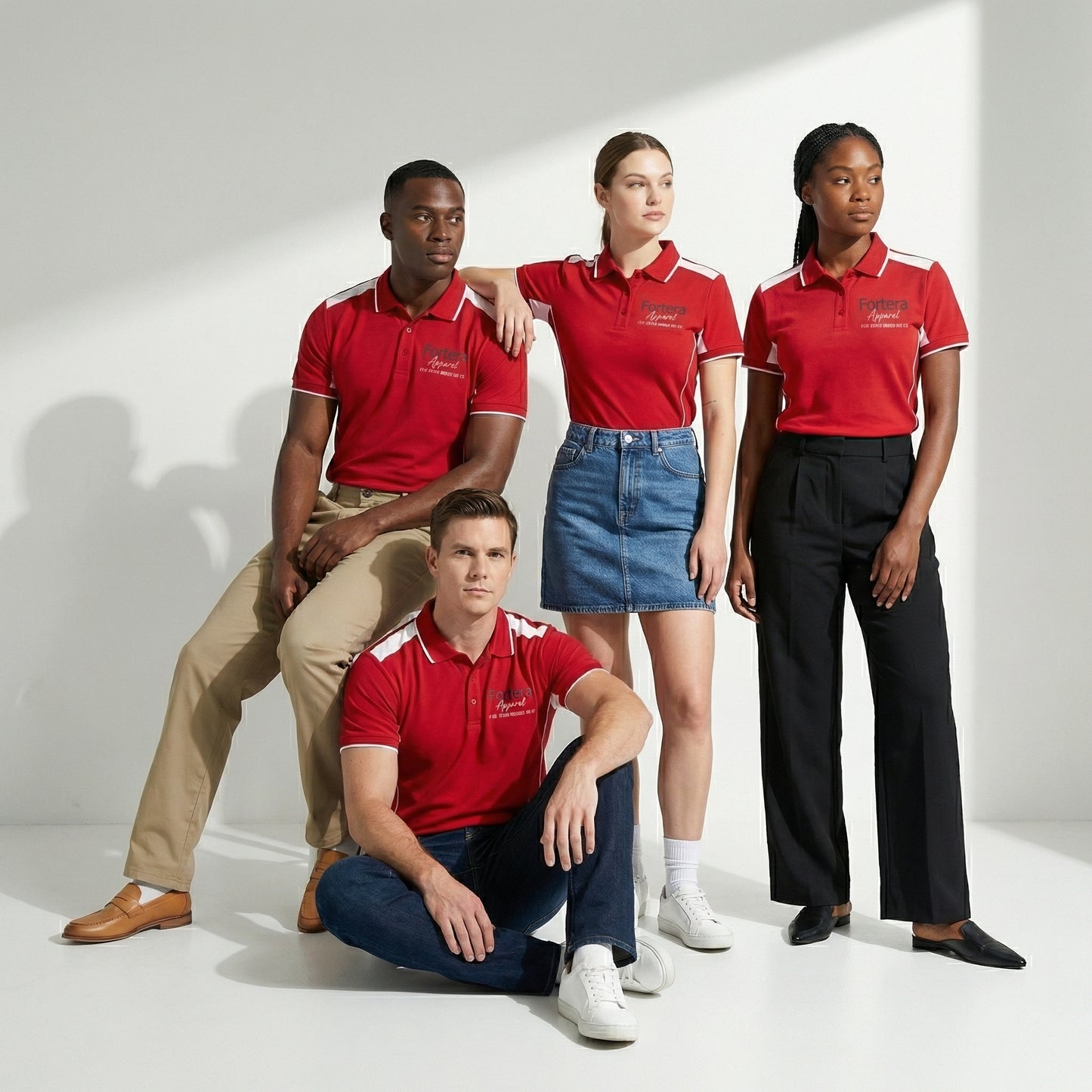 Red custom polo shirt with logo and white angular panel accent - back view