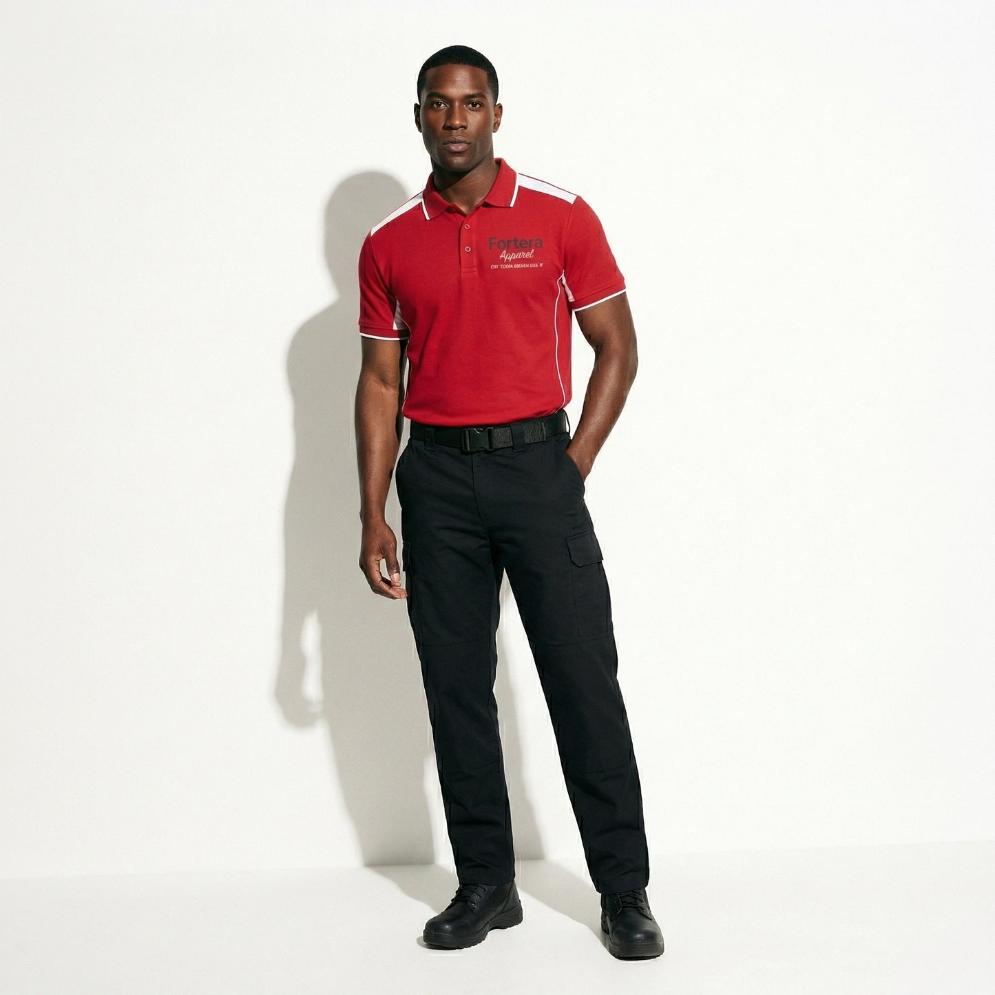 Red custom polo shirt with logo and white angular panel accent - detail close-up