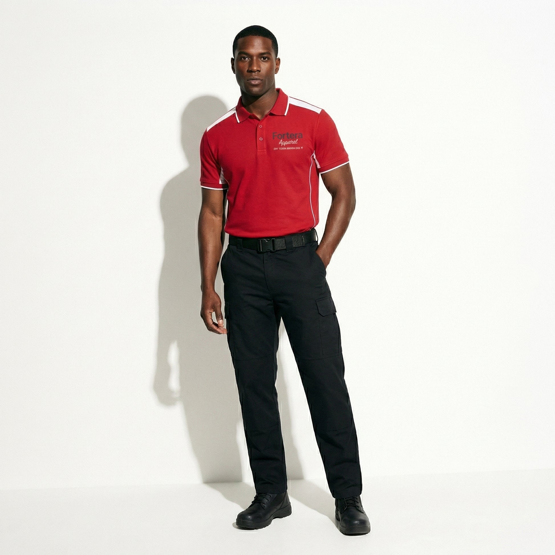 Red custom polo shirt with logo and white angular panel accent - detail close-up