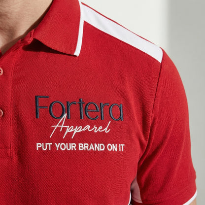Red custom polo shirt with logo and white angular panel accent - male fit