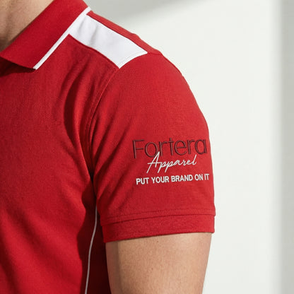 Red custom polo shirt with logo and white angular panel accent - team uniform group
