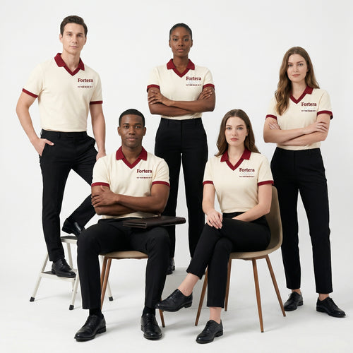 Cream custom staff polo shirt with burgundy heart collar V-neck accent