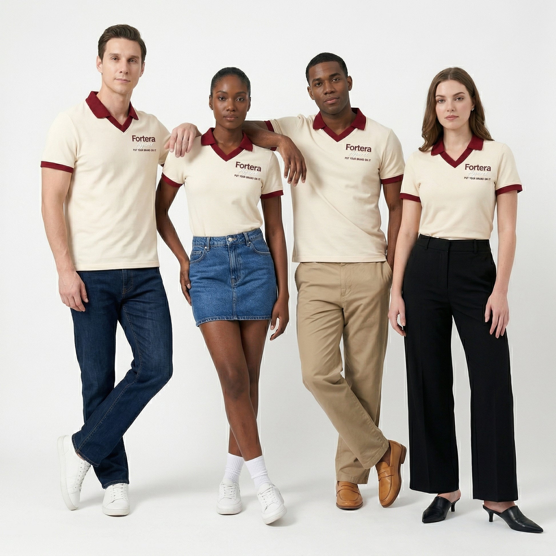 Cream custom staff polo shirt with burgundy heart collar V-neck accent - back view