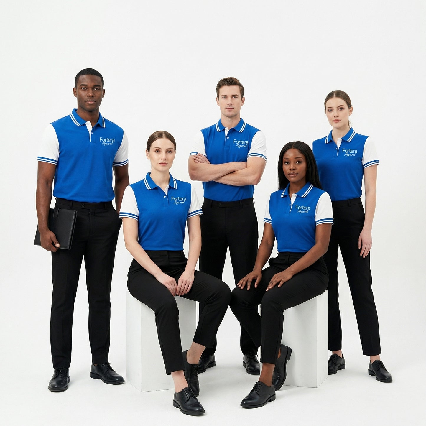 Royal blue custom staff polo shirt with white side panel and embroidered logo