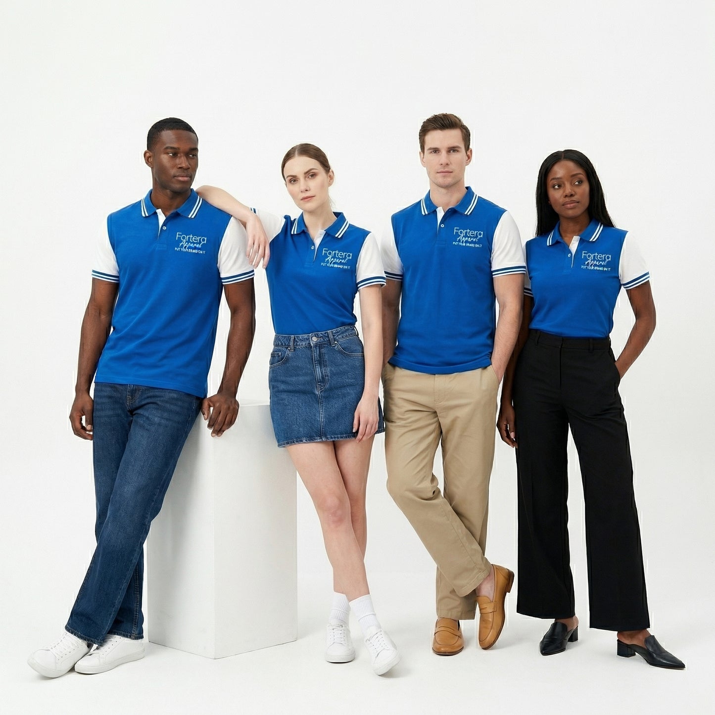 Royal blue custom staff polo shirt with white side panel and embroidered logo - back view