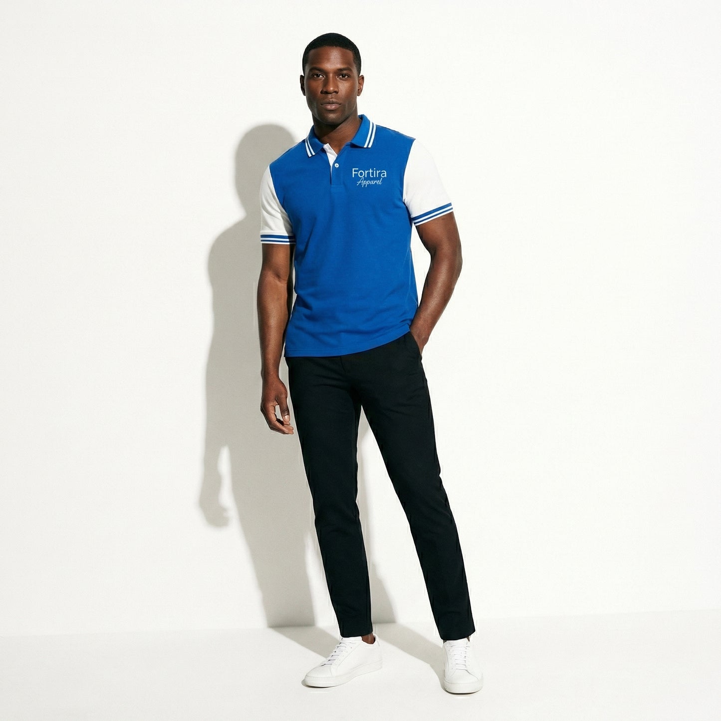 Royal blue custom staff polo shirt with white side panel and embroidered logo - female fit
