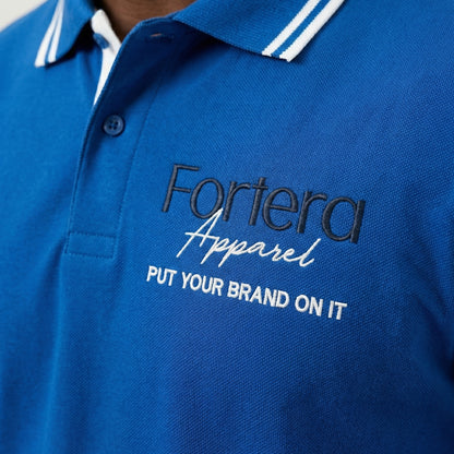 Royal blue custom staff polo shirt with white side panel and embroidered logo - male fit