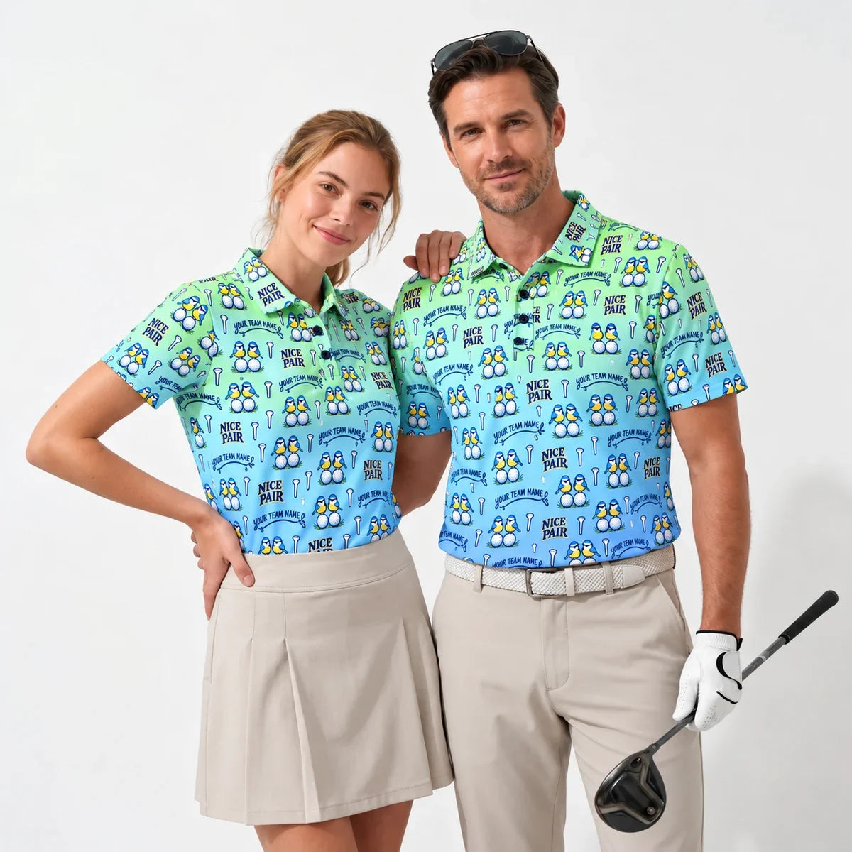 Custom Print Polo Shirt Blue Tit Birdie funny golf polo worn by two golfers