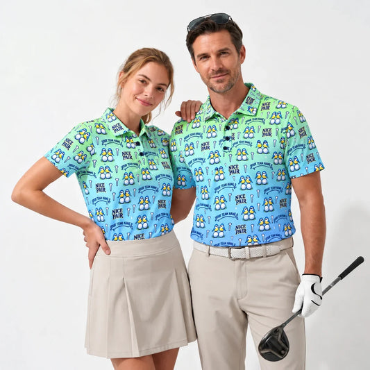 Custom Print Polo Shirt Blue Tit Birdie funny golf polo worn by two golfers