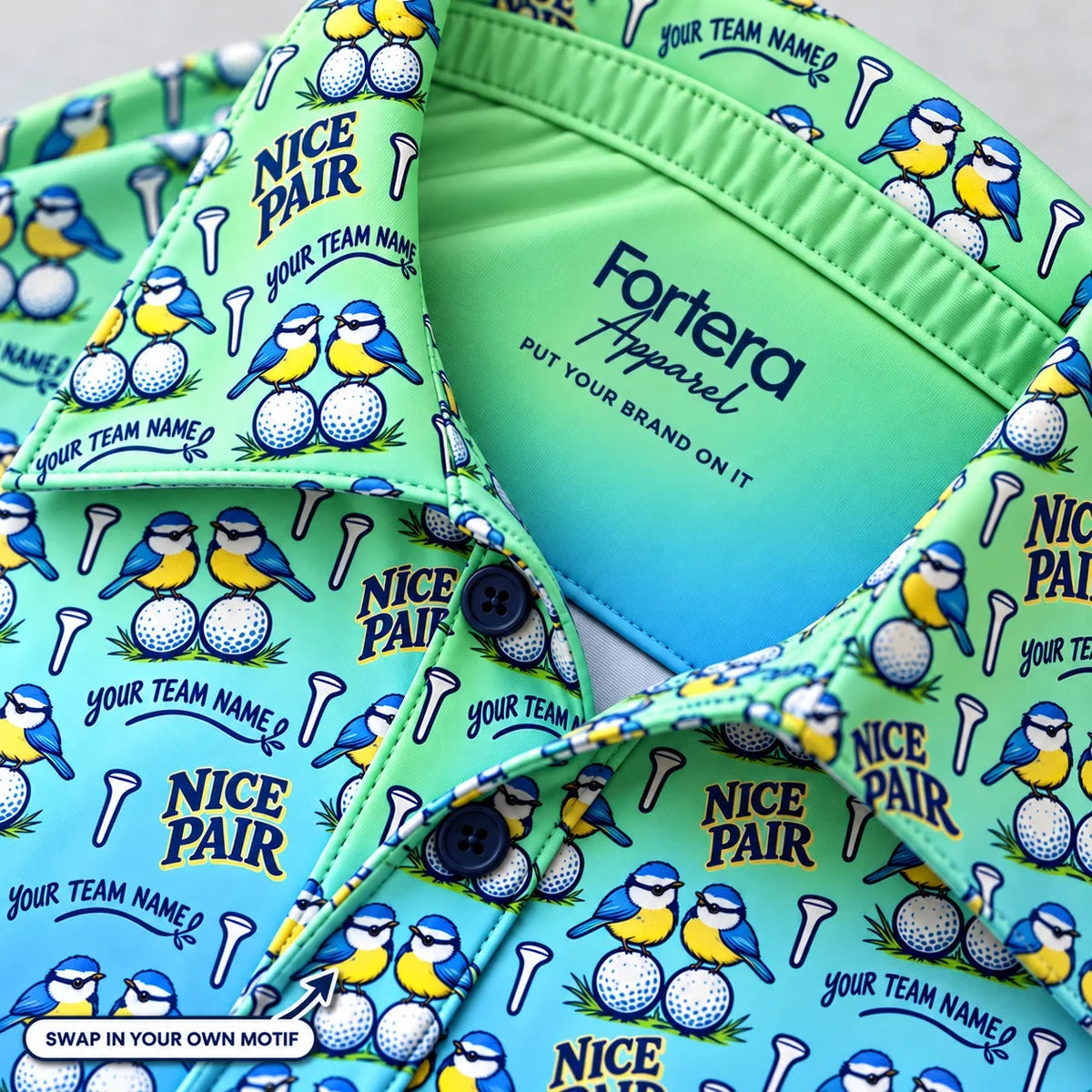Close-up of the blue tit birdie print on the collar of a funny golf polo