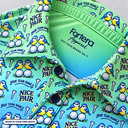 Close-up of the blue tit birdie print on the collar of a funny golf polo