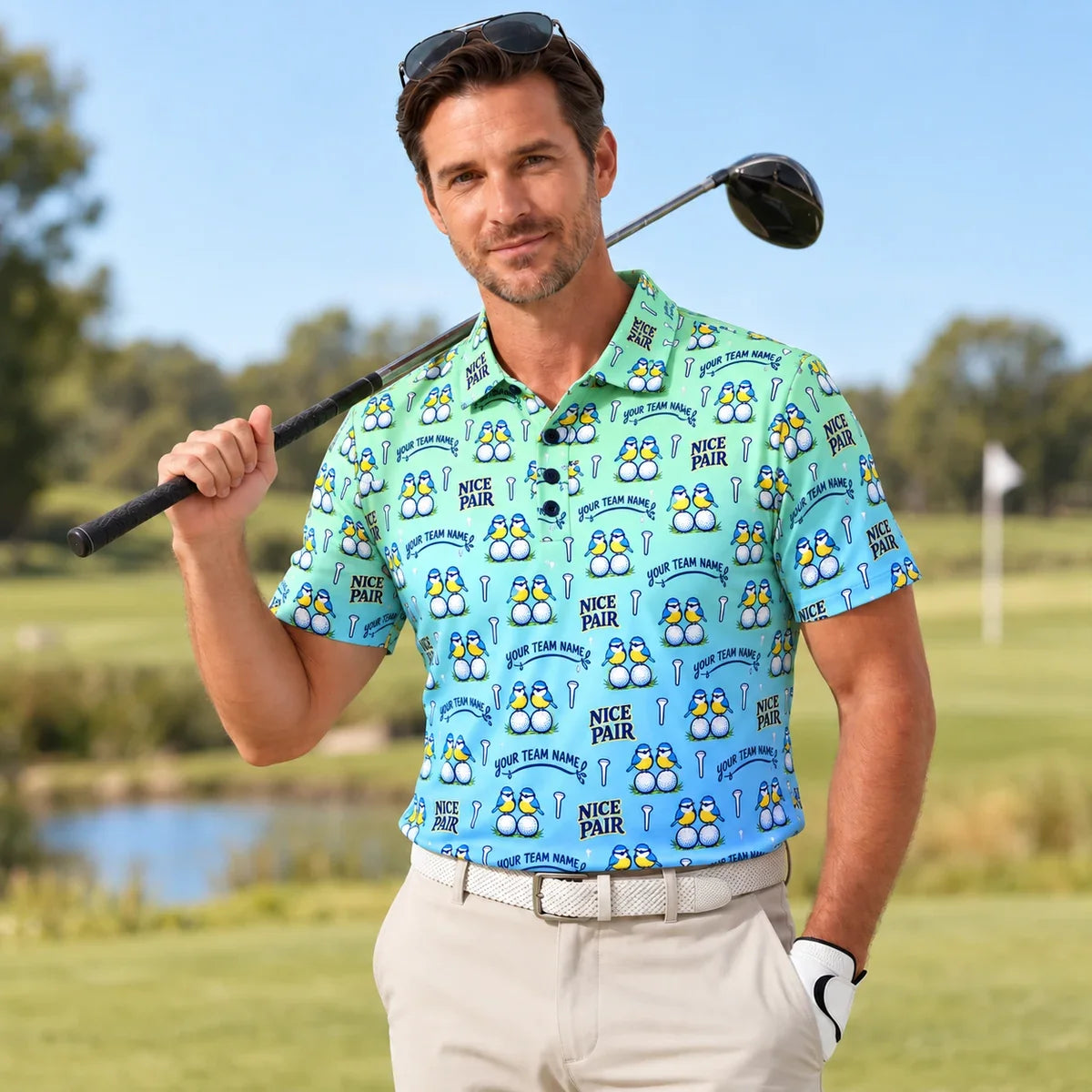 Man wearing the Custom Print Polo Shirt Blue Tit Birdie funny golf polo on a golf course