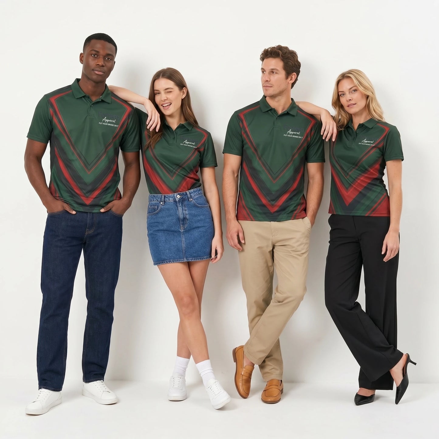 Custom Print Polo Shirt Chevron Arrow worn by security team in studio - Fortera Apparel