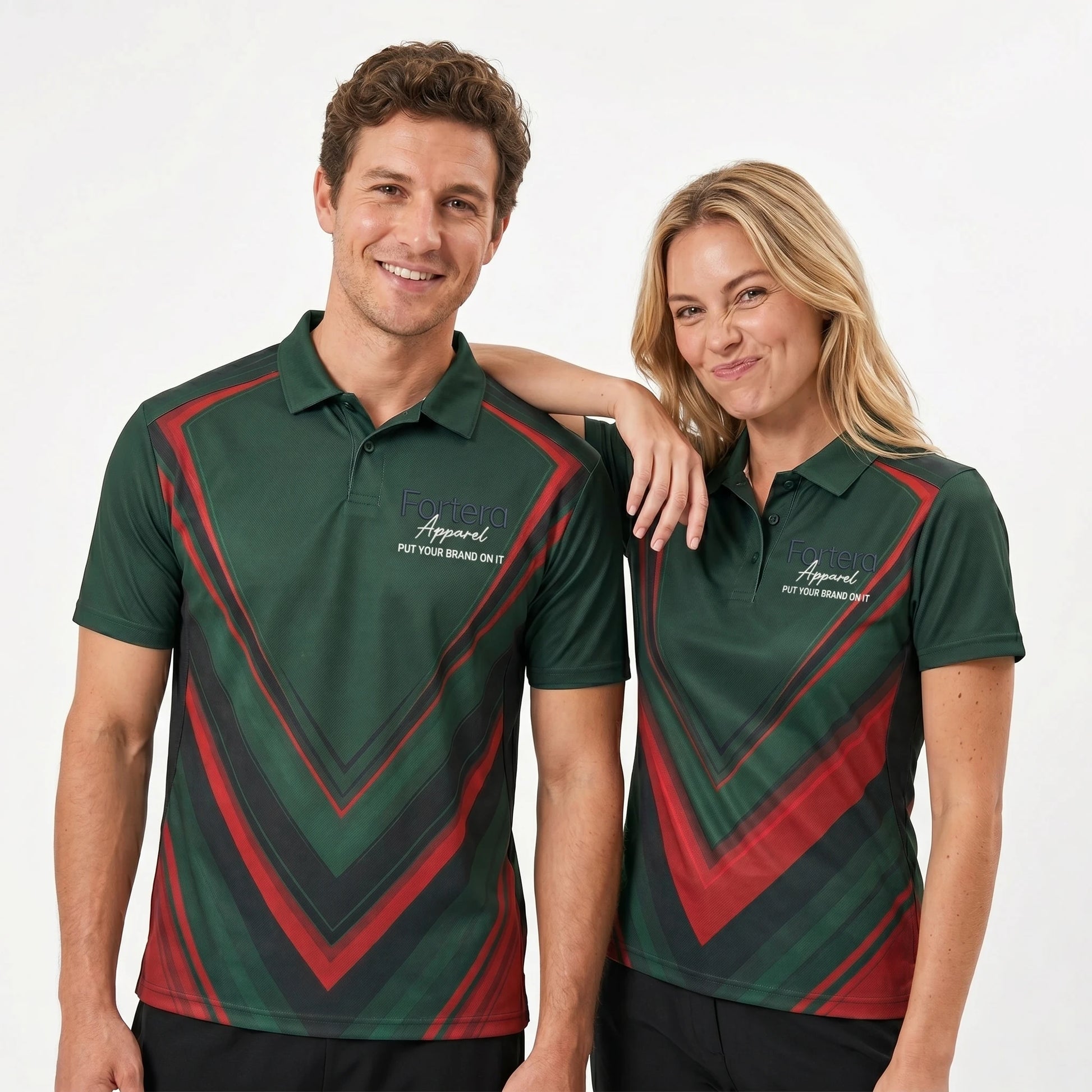 Custom Print Polo Shirt Chevron Arrow security uniform in corporate setting - Fortera Apparel