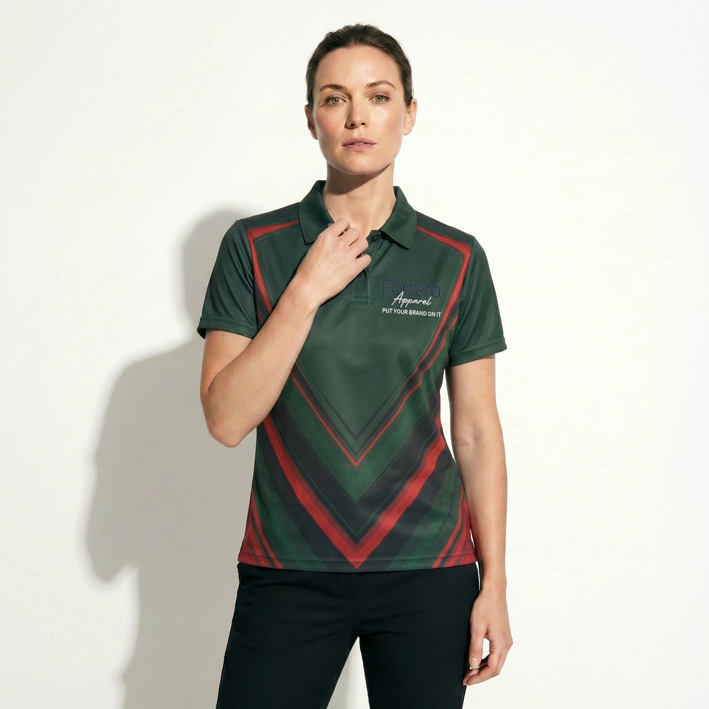 Custom Print Polo Shirt Chevron Arrow close-up chest logo placement - Fortera Apparel