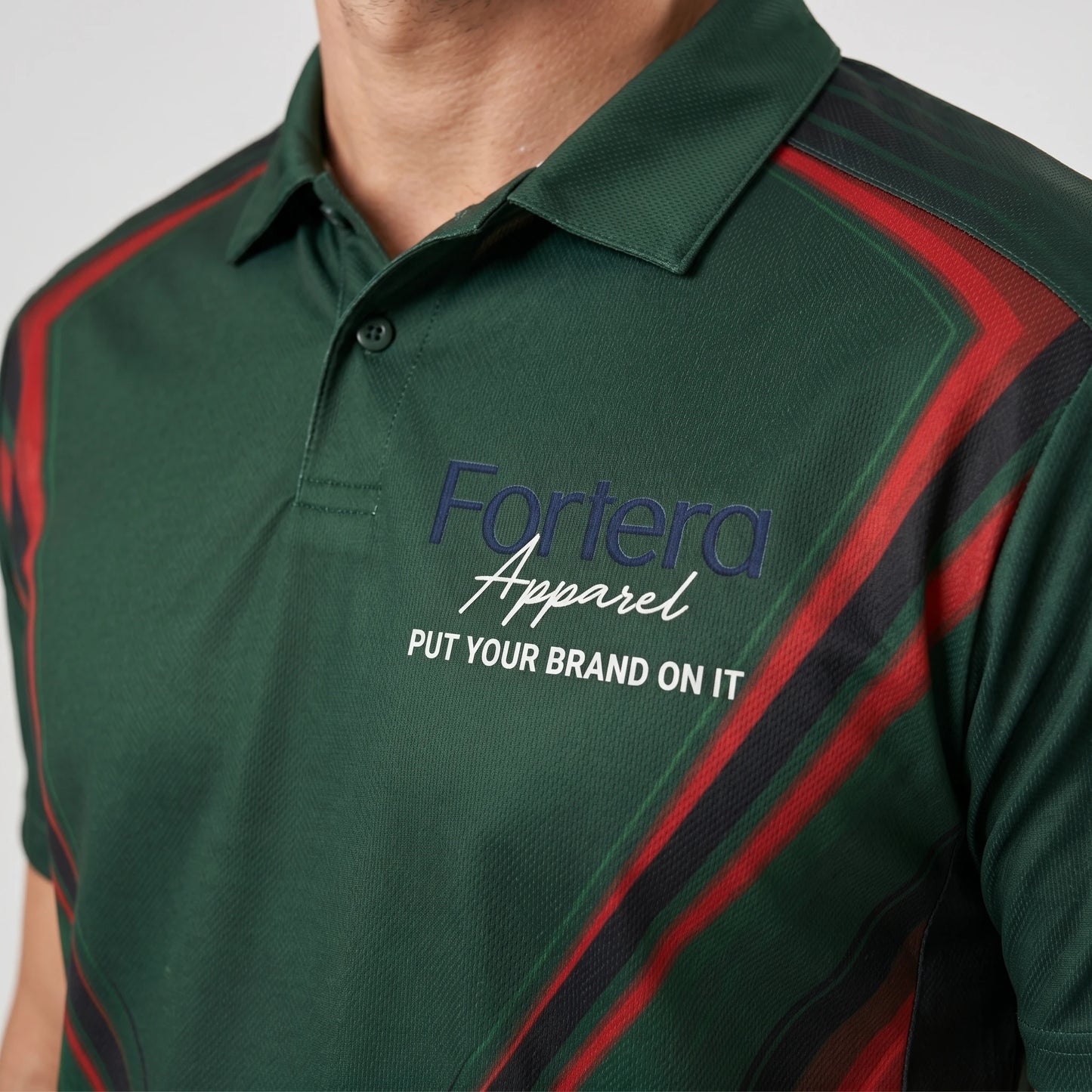 Custom Print Polo Shirt Chevron Arrow side angle detail - Fortera Apparel