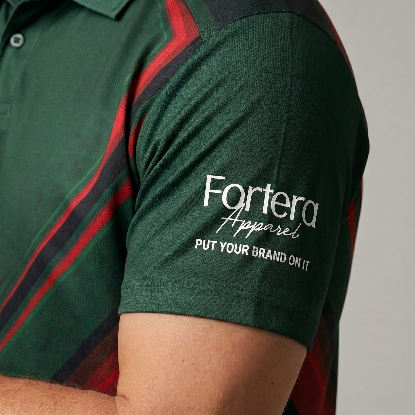 Custom Print Polo Shirt Chevron Arrow sleeve detail - Fortera Apparel