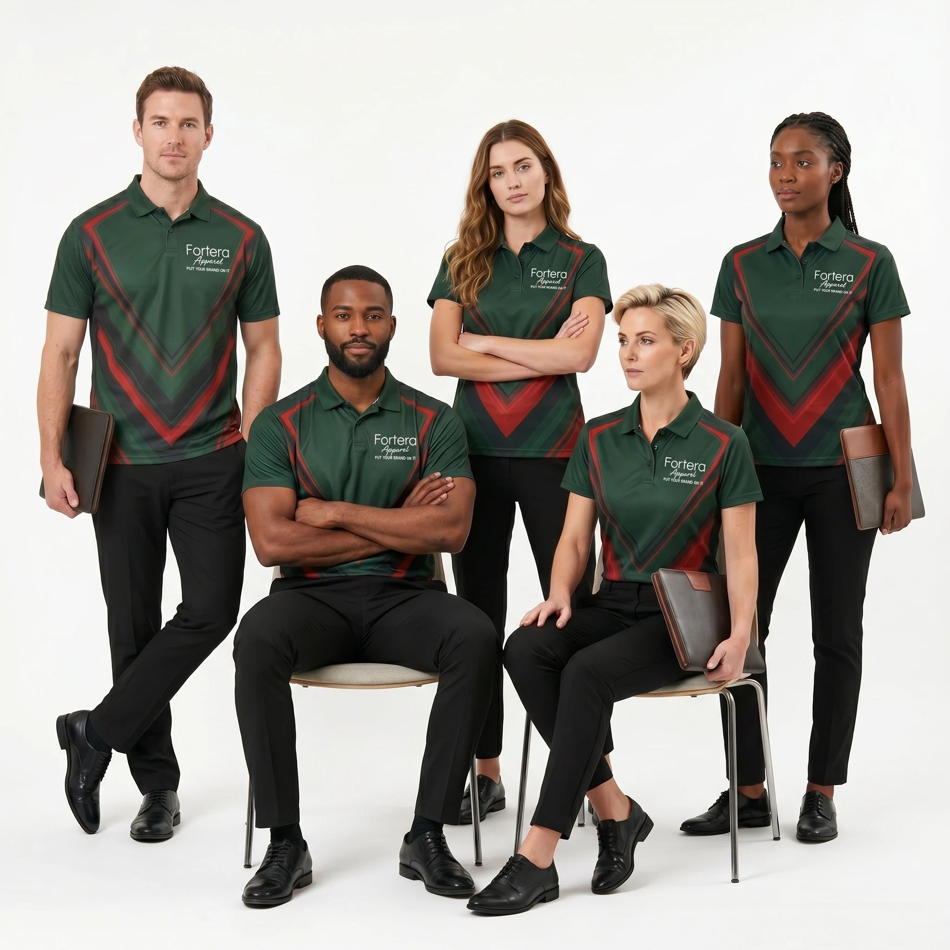 Custom Print Polo Shirt Chevron Arrow team uniform on the field - Fortera Apparel