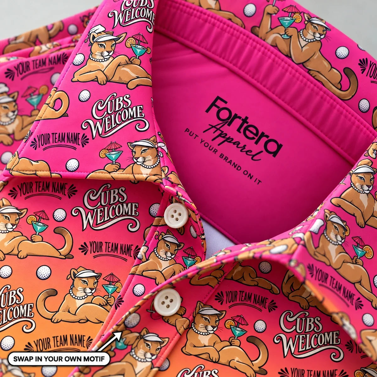 Close-up of the country club cougar print on the collar of a funny golf polo