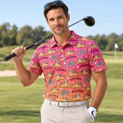 Man wearing the Custom Print Polo Shirt Country Club Cougar funny golf polo on a golf course