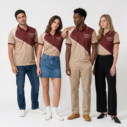 Custom Print Polo Shirt Diagonal Split worn by hospitality team in studio - Fortera Apparel