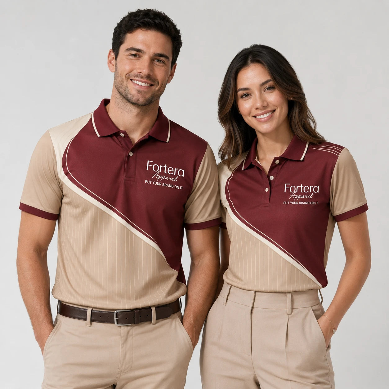 Custom Print Polo Shirt Diagonal Split hospitality uniform in corporate setting - Fortera Apparel