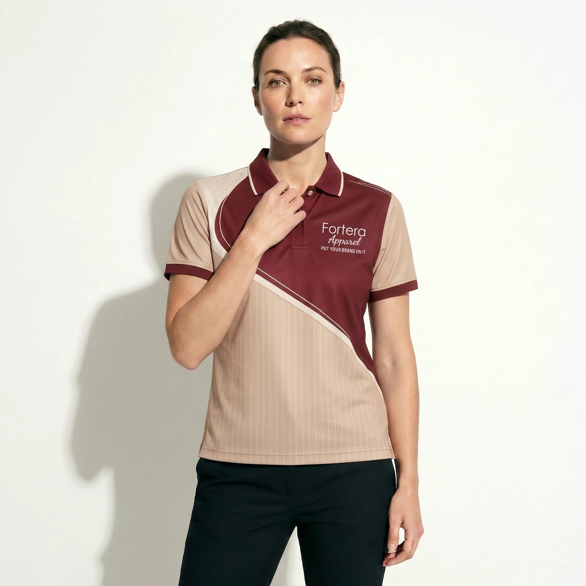 Custom Print Polo Shirt Diagonal Split close-up chest logo placement - Fortera Apparel