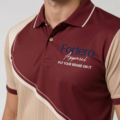 Custom Print Polo Shirt Diagonal Split side angle detail - Fortera Apparel
