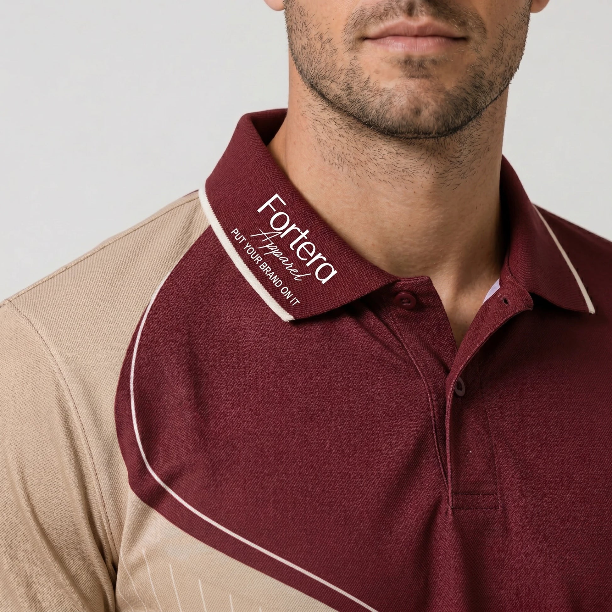 Custom Print Polo Shirt Diagonal Split back view detail - Fortera Apparel