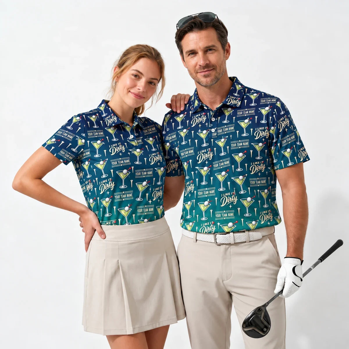 Custom Print Polo Shirt Dirty Martini funny golf polo worn by two golfers