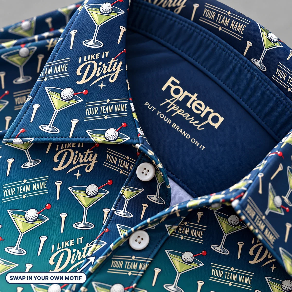 Close-up of the dirty martini print on the collar of a funny golf polo