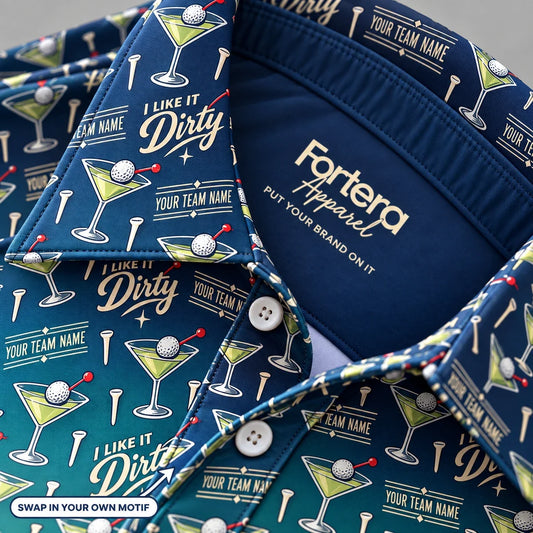 Close-up of the dirty martini print on the collar of a funny golf polo