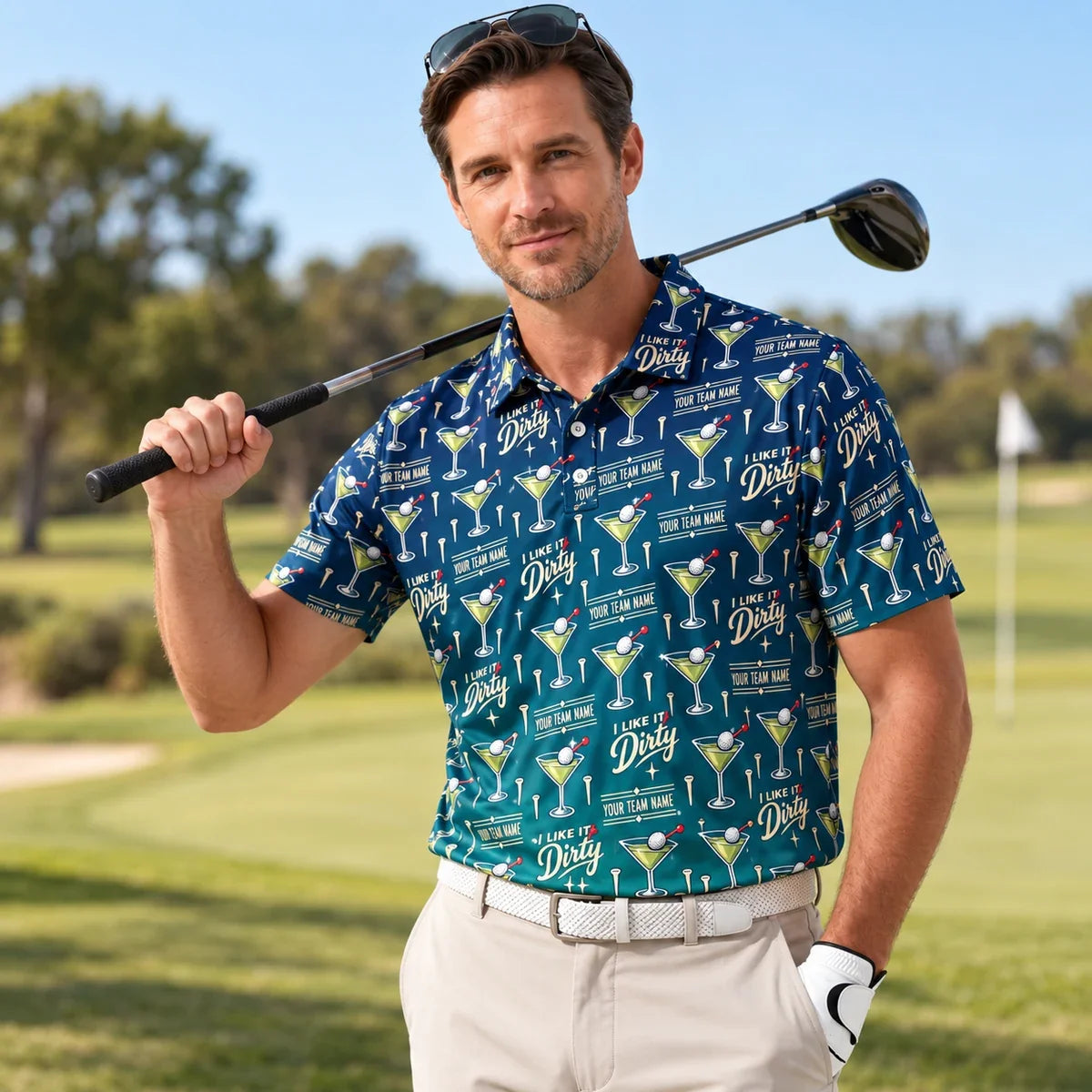 Man wearing the Custom Print Polo Shirt Dirty Martini funny golf polo on a golf course