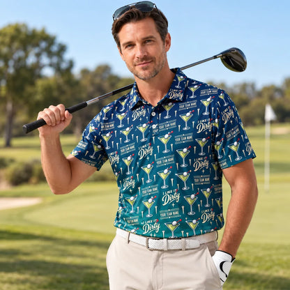 Man wearing the Custom Print Polo Shirt Dirty Martini funny golf polo on a golf course