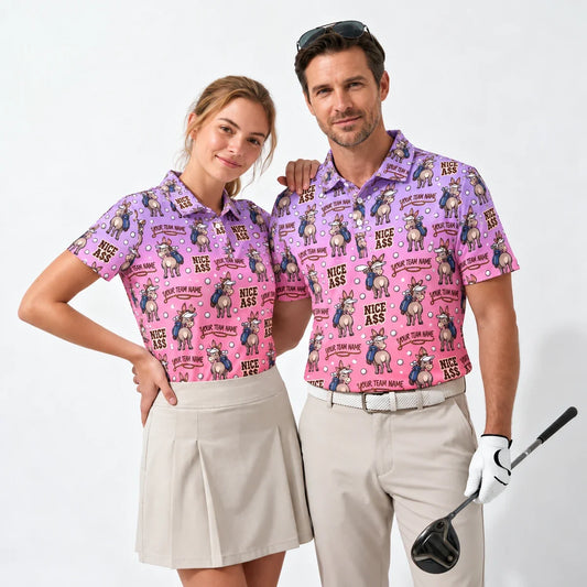 Custom Print Polo Shirt Donkey Caddie funny golf polo worn by two golfers
