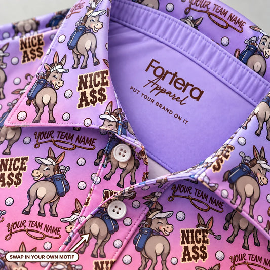 Close-up of the donkey caddie print on the collar of a funny golf polo