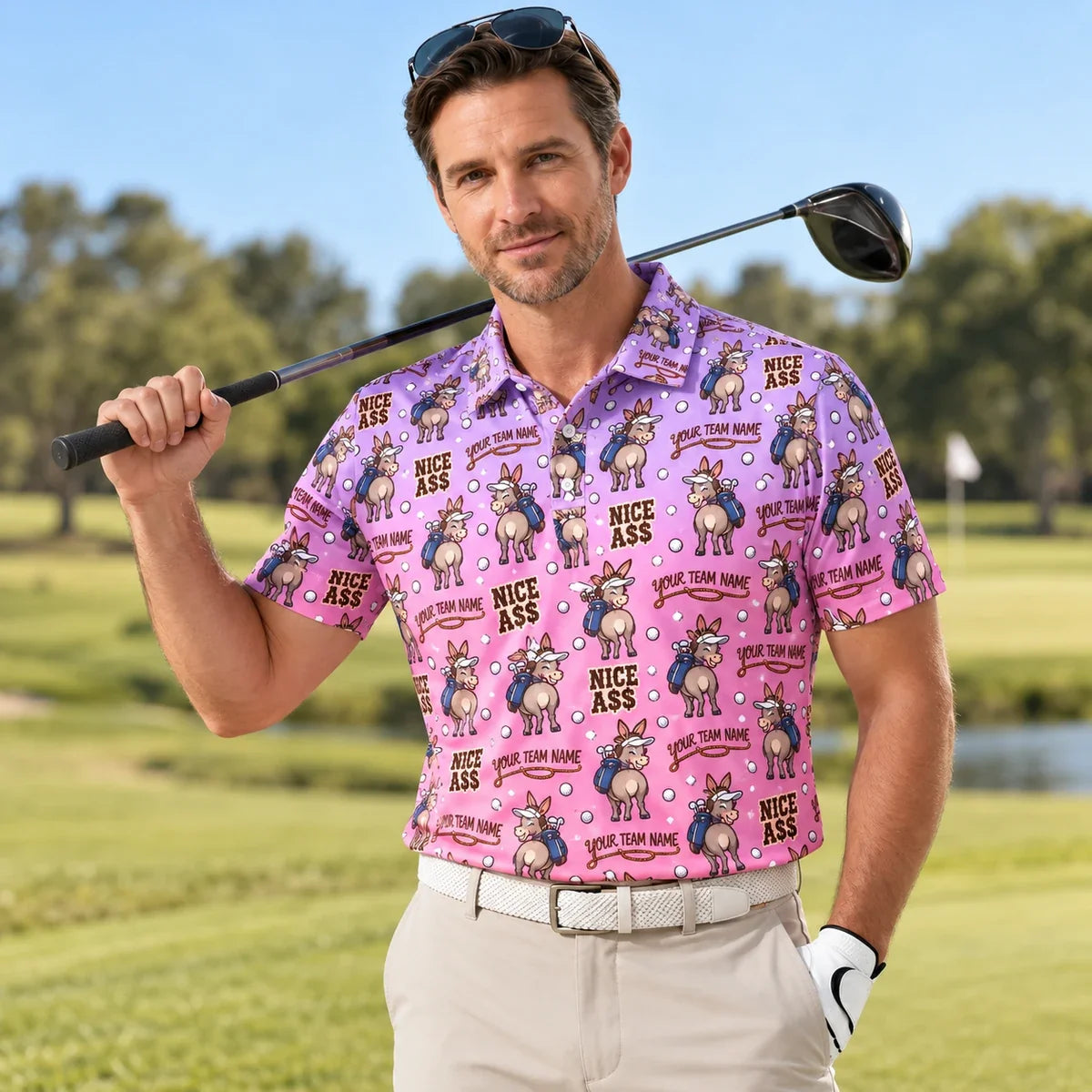 Man wearing the Custom Print Polo Shirt Donkey Caddie funny golf polo on a golf course