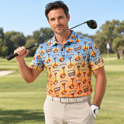 Man wearing the Custom Print Polo Shirt Morning Wood funny golf polo on a golf course