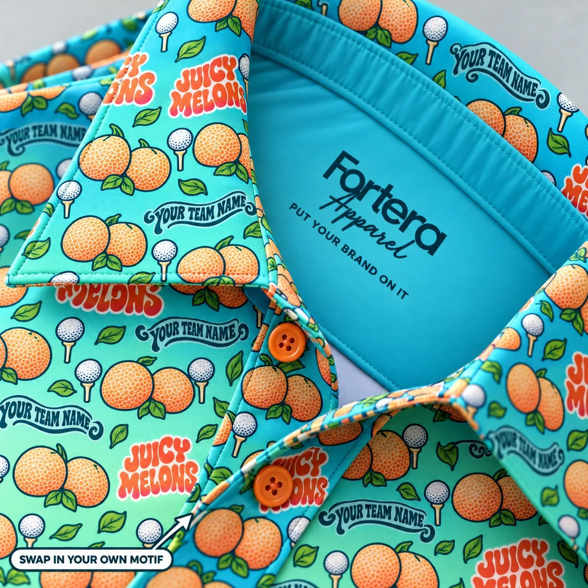 Close-up of the nice melons print on the collar of a funny golf polo