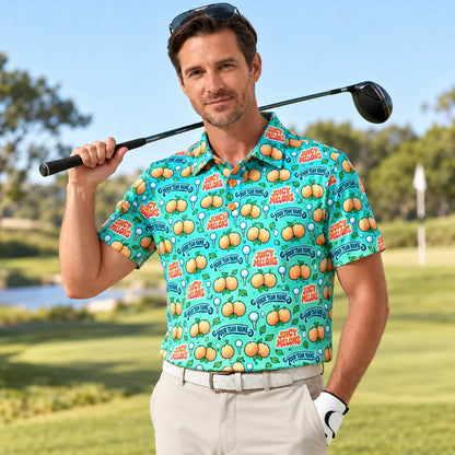 Man wearing the Custom Print Polo Shirt Nice Melons funny golf polo on a golf course